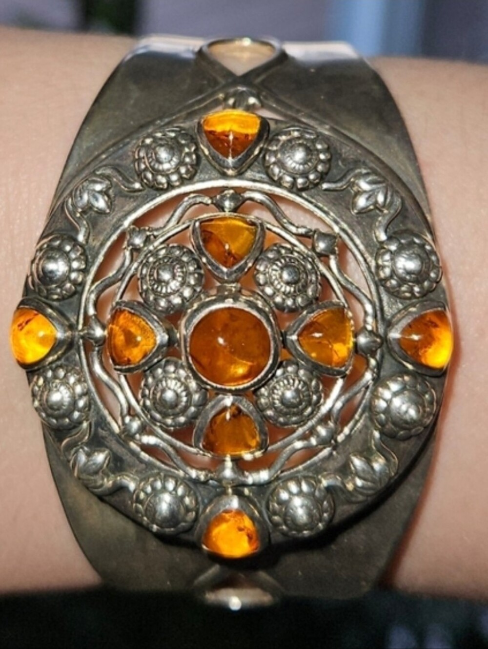 Silver With Amber Stones Wide Band Intricate Bracelet - Stamped 925. Like new!